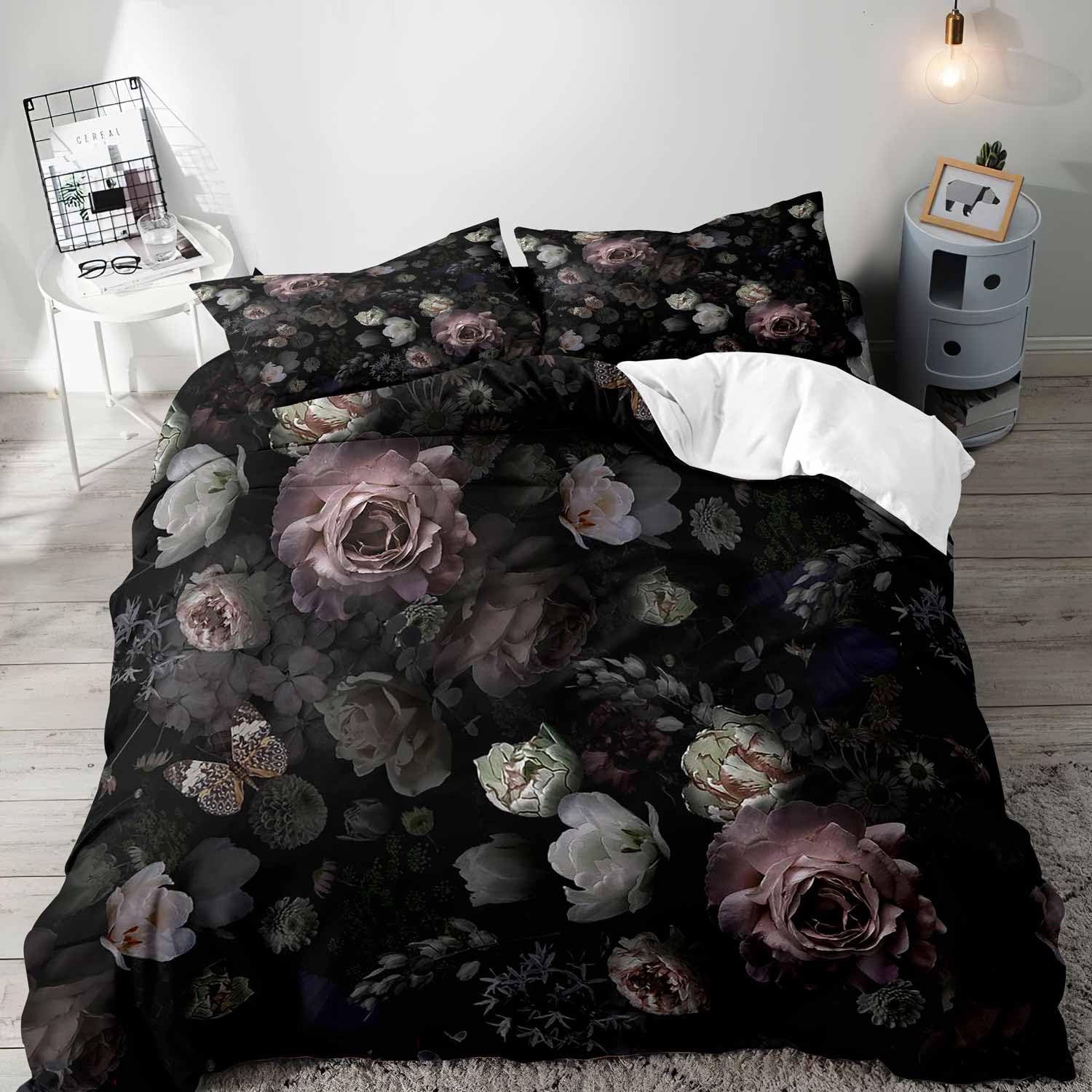Aesthetic Floral Duvet Cover - Черный пододеяльник с цветочным принтом, комплект
