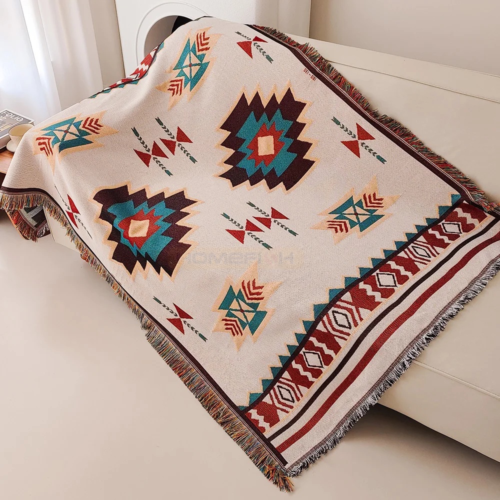 Boho Throw Blanket Fringe - Ацтекское одеяло большого размера в стиле