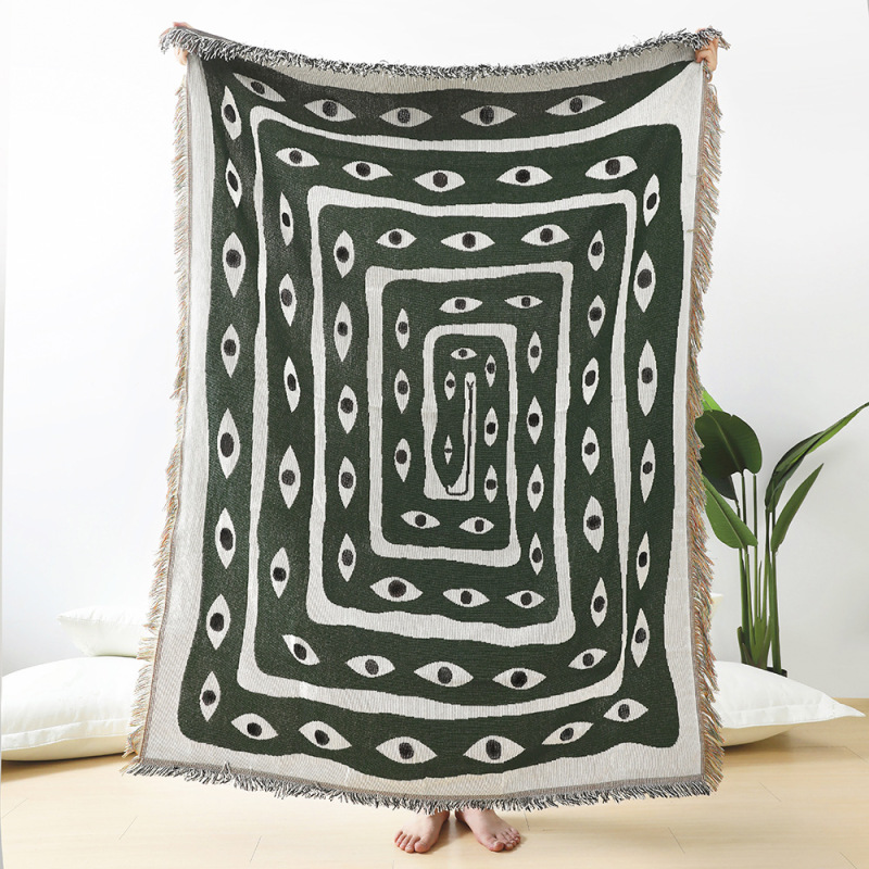 Boho Throw Blanket Fringe - Зелено-белый жаккардовый плед с узором «Злой