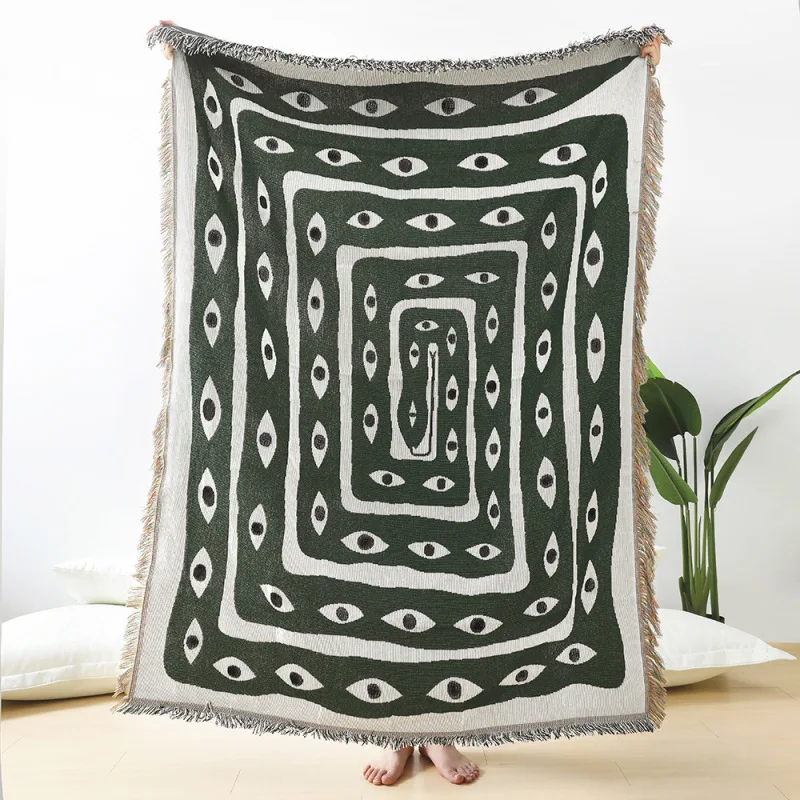 Boho Throw Blanket Fringe - Зелено-белый жаккардовый плед с узором «Злой
